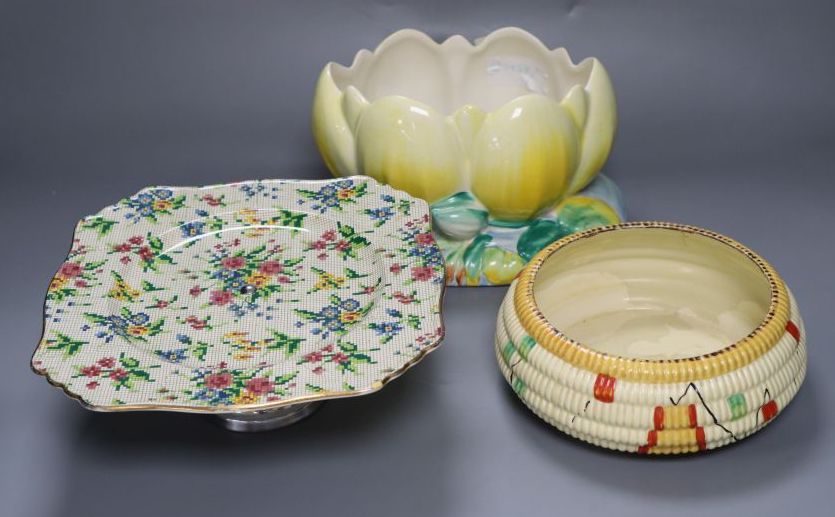 A group of post-war Clarice Cliff including a My Garden vase and jug, Water Lily bowl, 21cm wide, Celtic Harvest jug and two 1930s jugs